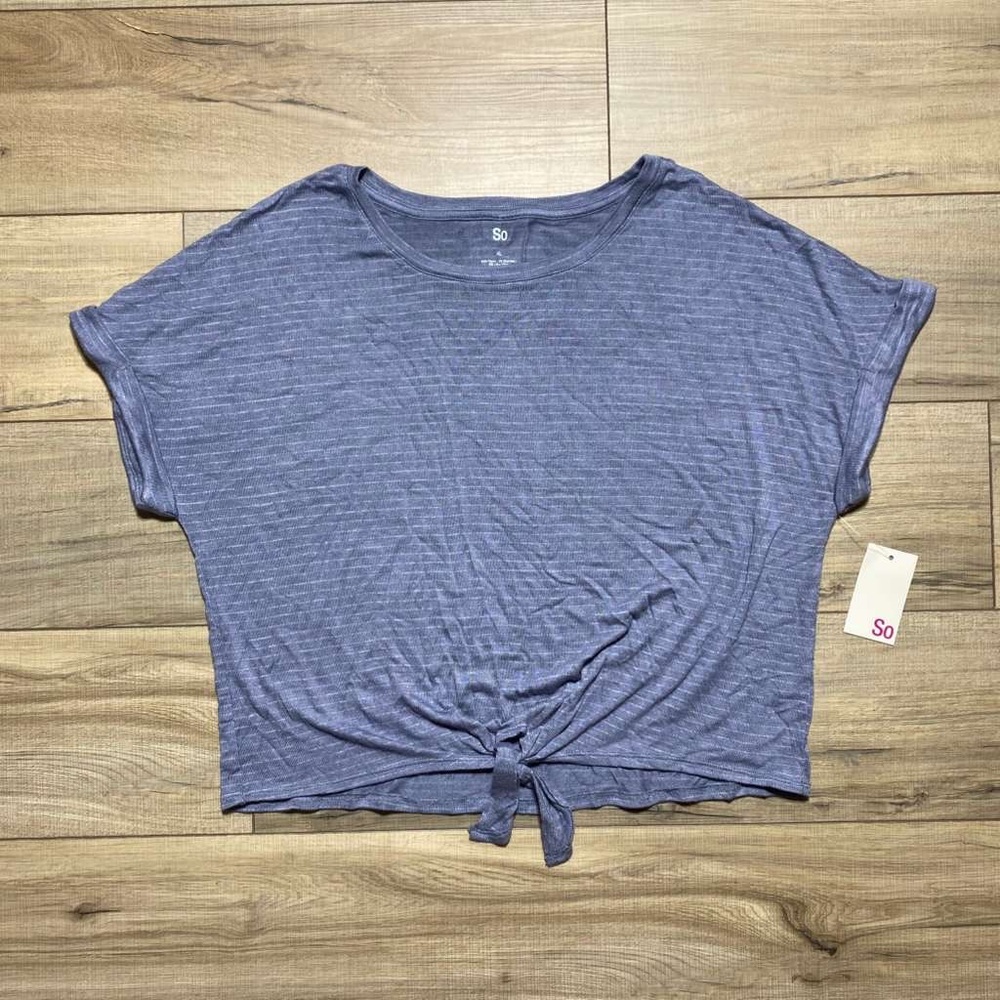 SO Womens Short Sleeve Roll Cuff Tie Front Striped Tee Size XL Gray And White